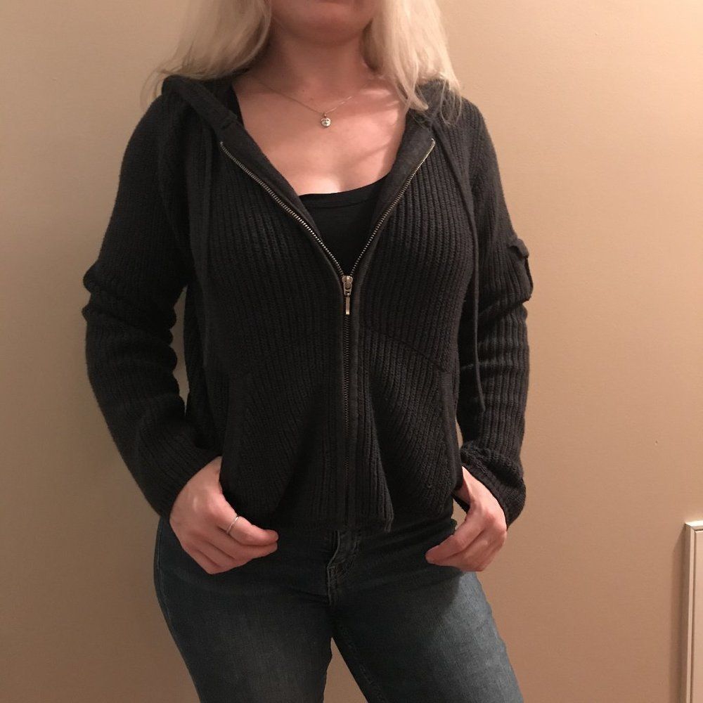 Woolrich Dark Charcoal Ribbed Knit Hoodie Jacket Women's Small
